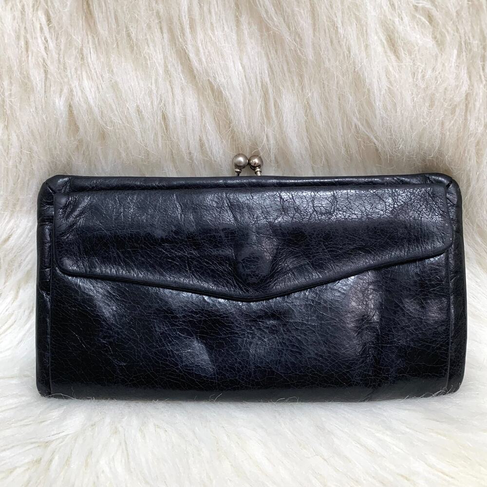 HOBO INT'L Black Glazed Leather Vintage Framed Kiss Lock Clutch Envelope Wallet